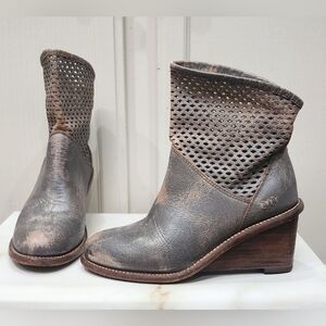 BED|STU Distressed Gray Perforated Leather Wedge Booties